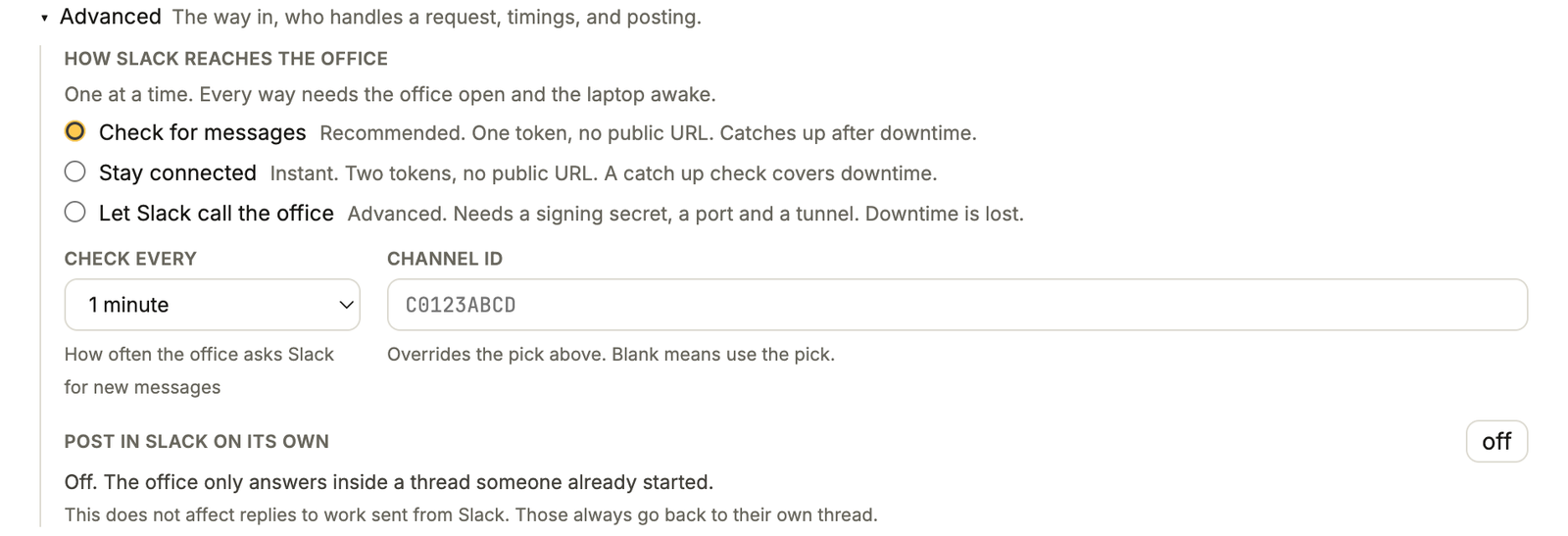 How Slack reaches the office: Check for messages, Stay connected and Let Slack call the office