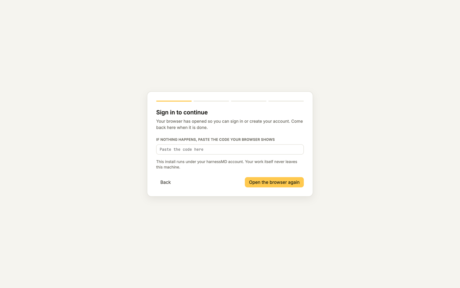 The Sign in to continue step with a box to paste the code from the browser