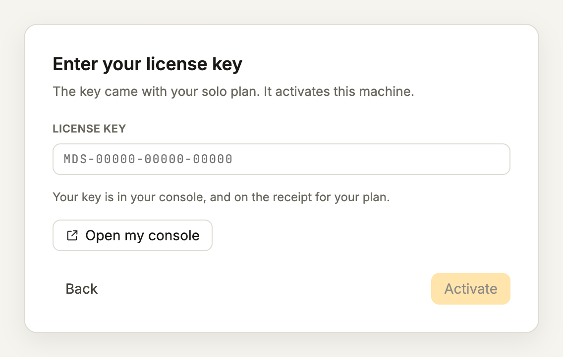 The Enter your license key screen with an empty key field and an Activate button