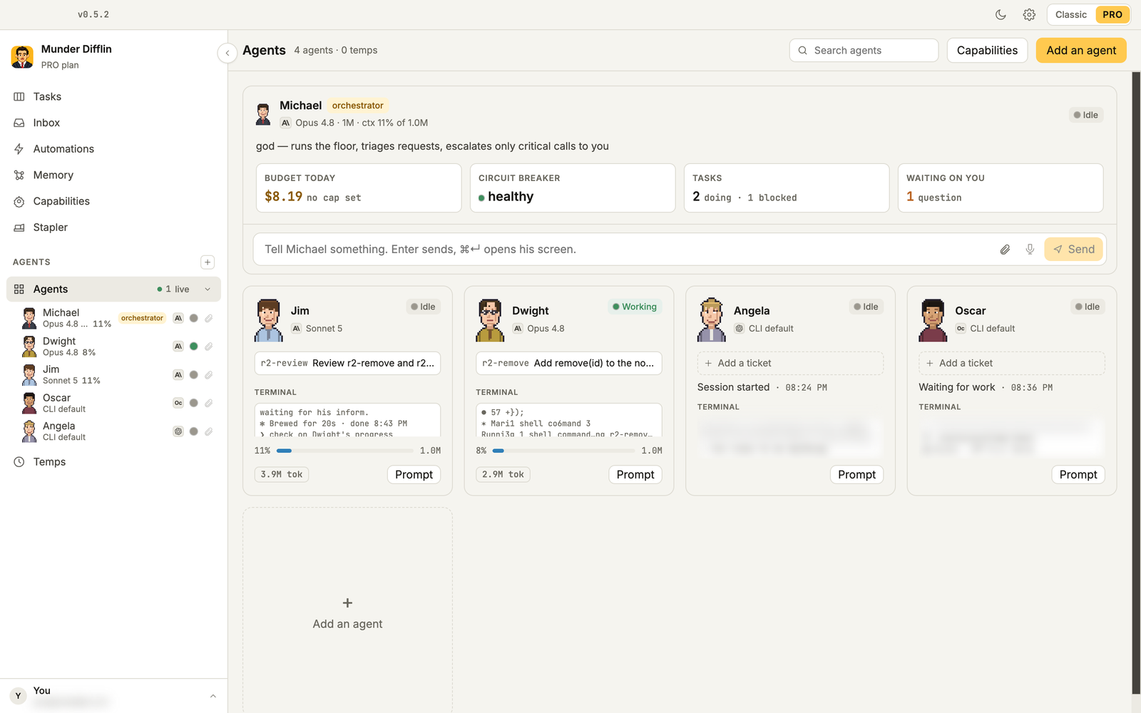 The Pro Agents screen with Michael's budget and breaker cards above Jim, Dwight, Angela on Codex and Oscar on OpenCode