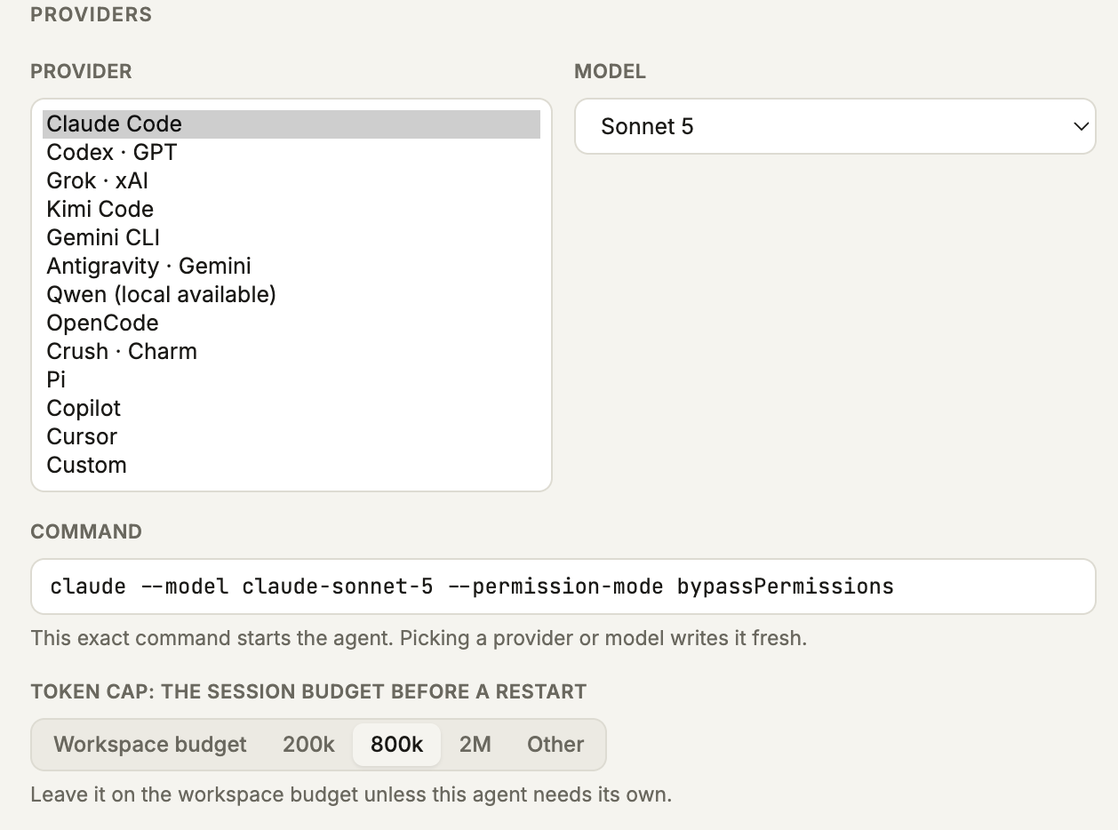 Add an agent: the Provider list, Model set to Sonnet 5, the exact command, and Token cap chips with 800k chosen