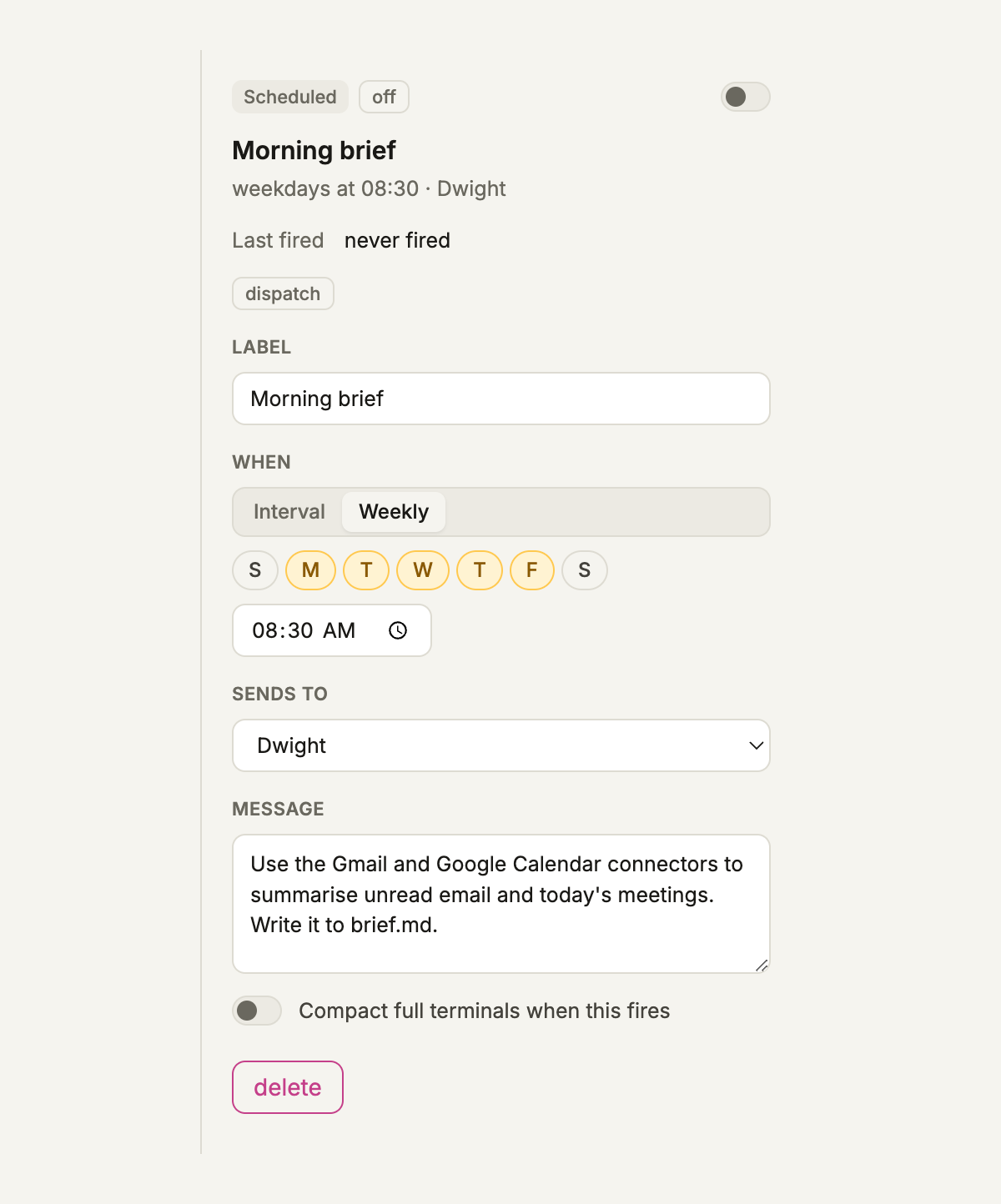 A weekly automation named Morning brief, Monday to Friday at 08:30, asking a Claude Code agent to use the Gmail and Google Calendar connectors