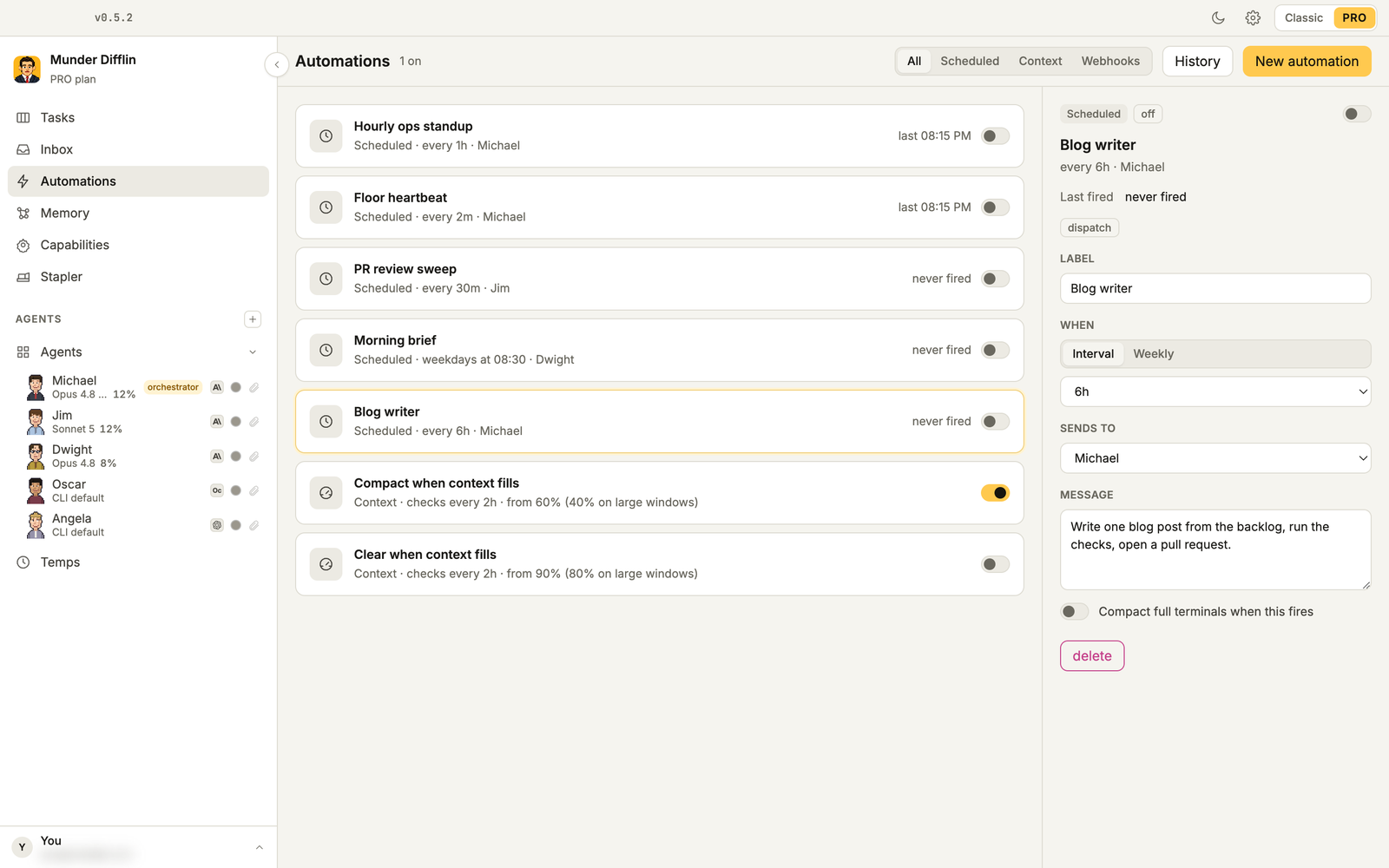 The Automations list with PR review sweep, Morning brief, Blog writer and the default automations