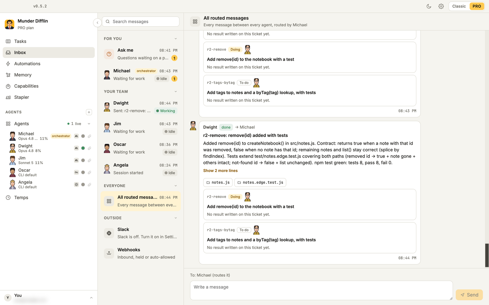 The Pro Inbox with For you, Your team, Everyone and Outside, showing Dwight's done message