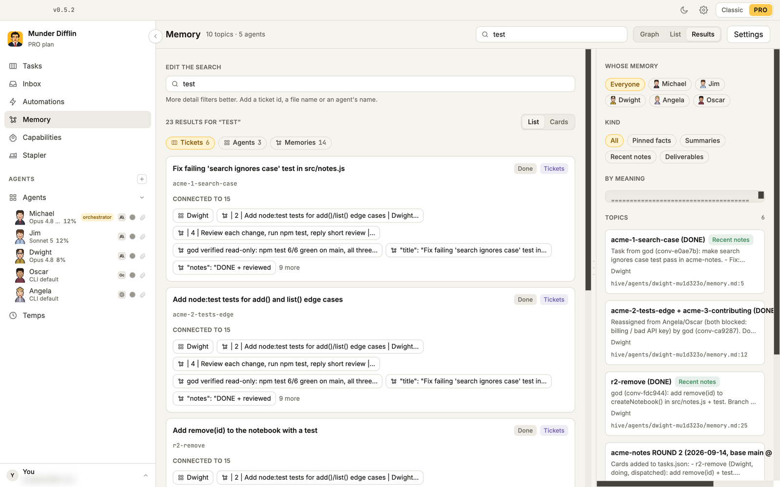 Memory search results for test, grouped as Tickets, Agents and Memories, across everyone's memory
