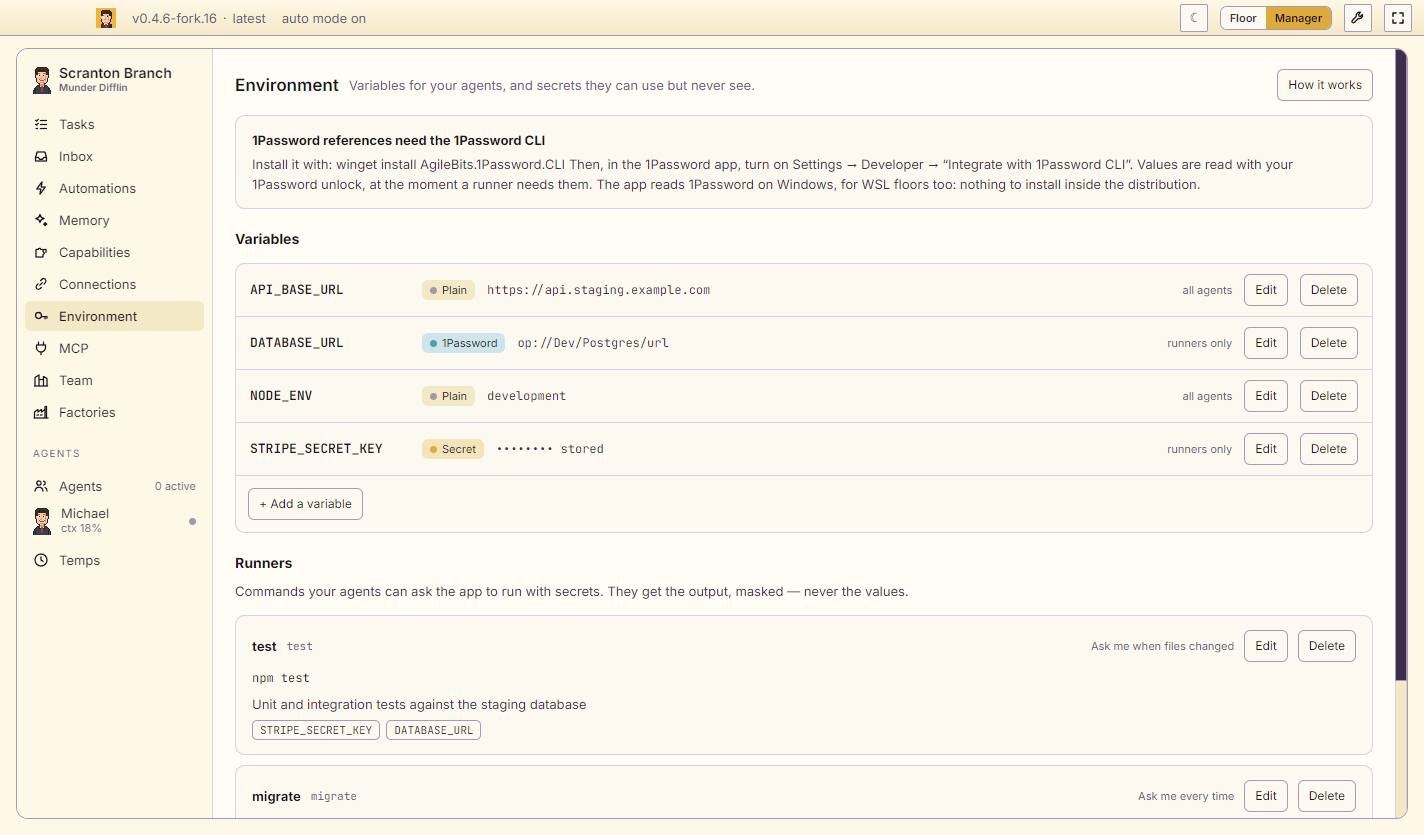 Environment: plain variables, a secret and a 1Password reference, and runners