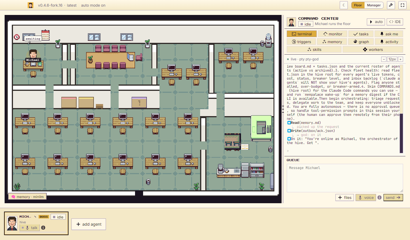 The office floor: the orchestrator at its desk, the command center with its live terminal